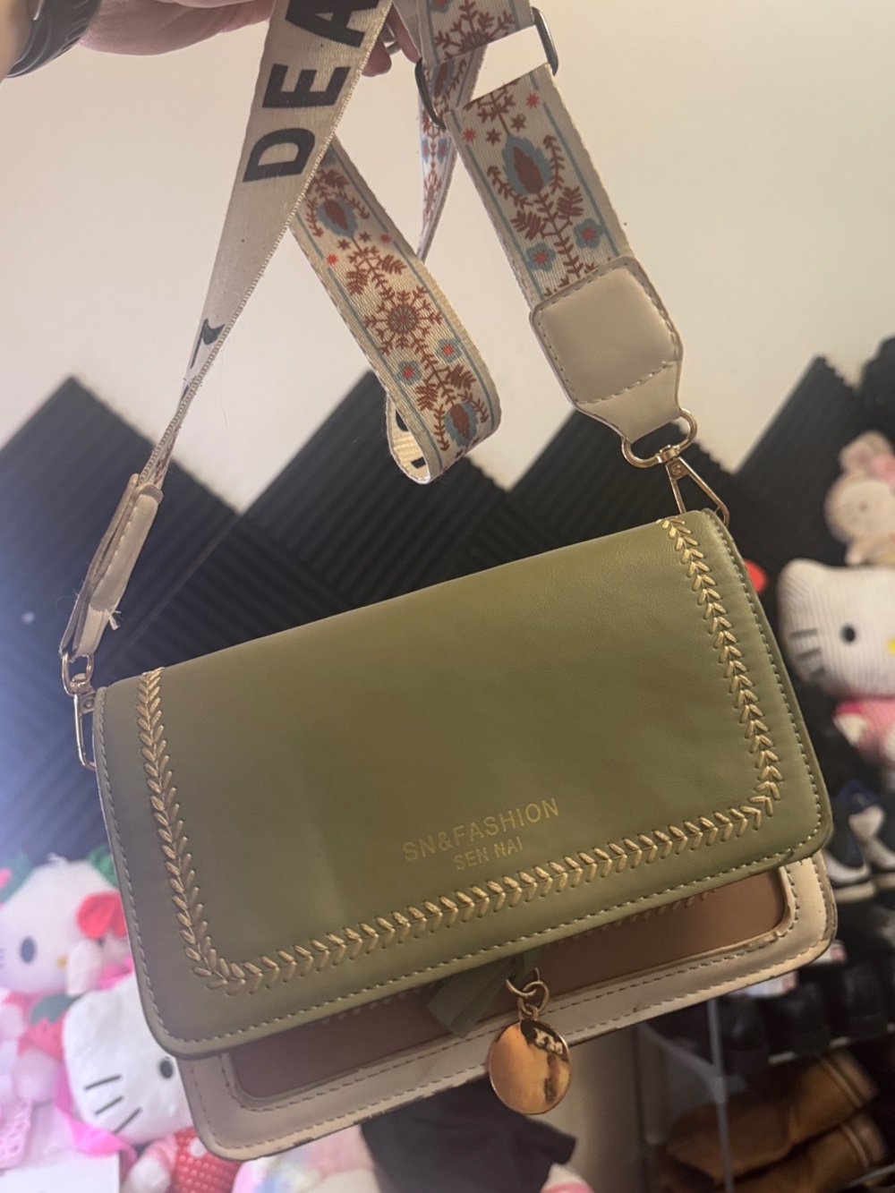SHEIN Olive Green & Cream Crossbody with Patterned Removable Strap